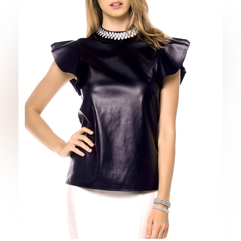 NWT Gracia Ruffle Sleeve Faux Leather Top